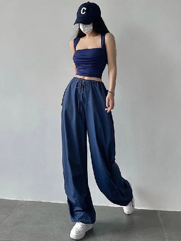 Dalia Solid Color High Waist Straight Leg Parachute Pants Relaxed Linen Pants