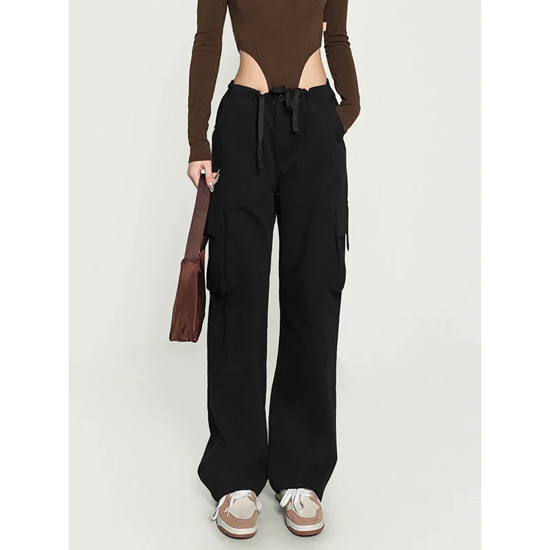 Zhou Solid Color Drawstring Straight Wide-leg Multi Pocket Cargo Pants Elegant Wool Trousers