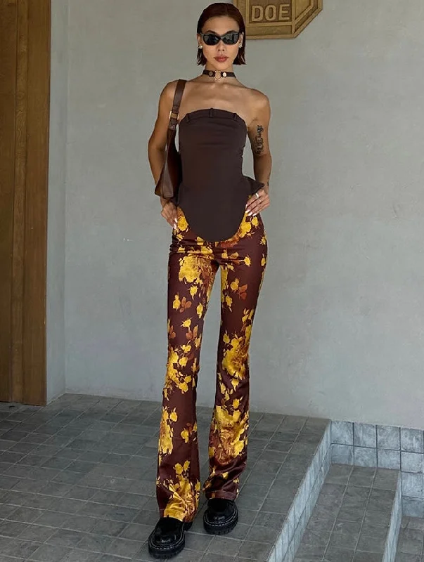 Bailey Golden Yellow Brown Skinny Floral Print Satin Low-Rise Pleated Flared Pants Trendy Velvet Pants Bailey Golden Yellow Brown Skinny Floral Print Satin Low-Rise Pleated Flared Pants Trendy Velvet Pants