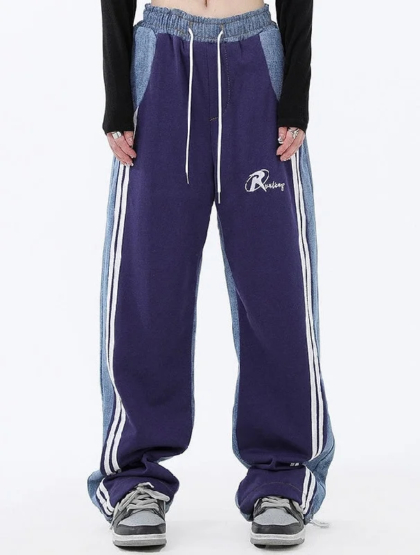 Kendal Patchwork Denim Sweats High Waist Straight Leg Striped Pants Classic Chino Pants