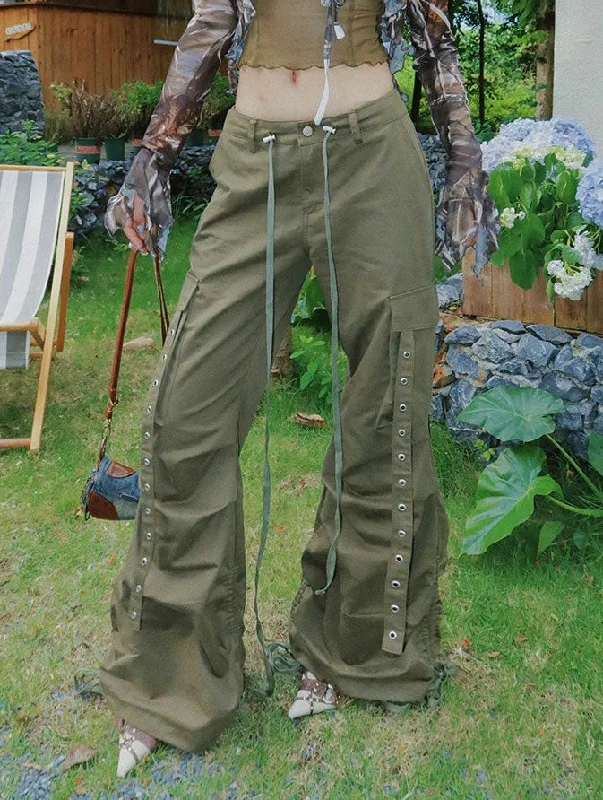Cassity Solid Color Streetwear Drawstring Multi-Pocket Pleated Cargo Micro Flare Pants Classic Stretch Pants Cassity Solid Color Streetwear Drawstring Multi-Pocket Pleated Cargo Micro Flare Pants Classic Stretch Pants