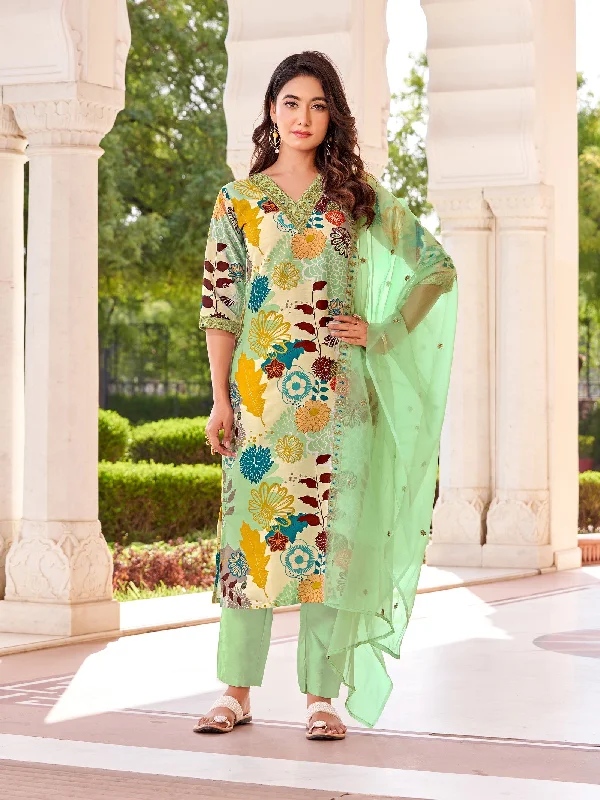 Women Floral Print  Kurta with Pants And Dupatta Trendy Wide-Legged Trousers