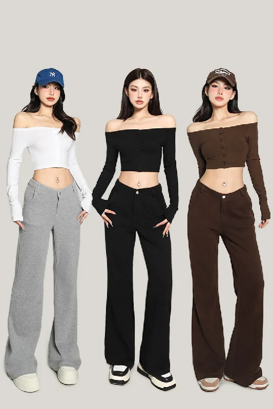 Jolie Solid Color V-shaped High Waist Loose Thin Wide-leg Straight Leg Pants Elegant Silk Pants