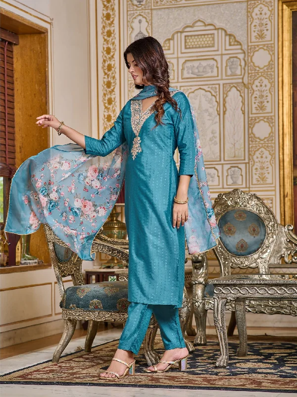 Embroidered Chanderi Kurti With Pant & Dupatta Set Sleek Black Pants