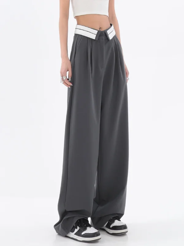 Ferra Solid Color Vintage Style Wide-Leg High Waist Lapel Folded Waist Straight Leg Suit Pants Sleek Black Pants