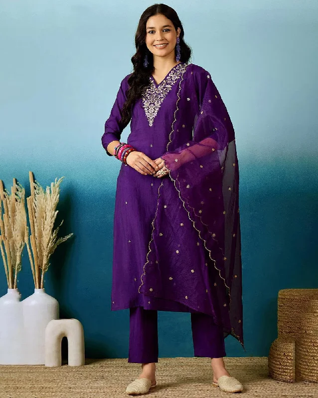 Embroidered V-Neck Straight Kurta with Pants and Dupatta Slim Fit Casual Pants