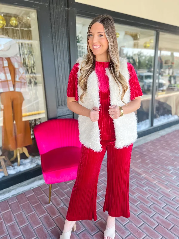Velvet Pleated Pants-Red Comfortable Denim Pants