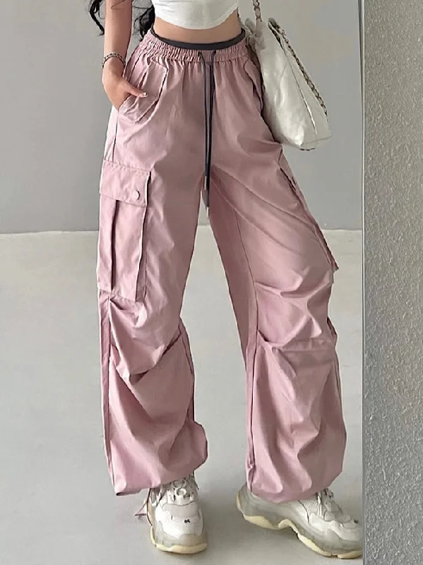 Presilla Solid Color Drawstring Pleated Straight Leg Multi-Pocket High Waist Cargo Pants Modern Stretch Trousers