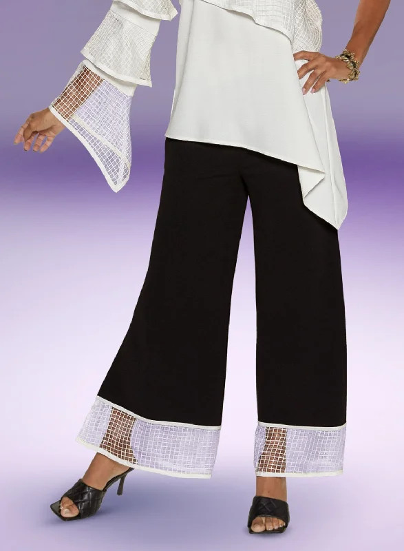 Love The Queen 17375P - Black White - Mesh Trim Chiffon Pants Comfy Athletic Pants