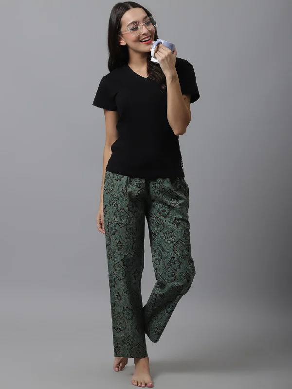 Women's Green Floral Cotton Pyjama / Lounge Pants - Green Comfortable Maternity Pants Women's Green Floral Cotton Pyjama / Lounge Pants - Green Comfortable Maternity Pants