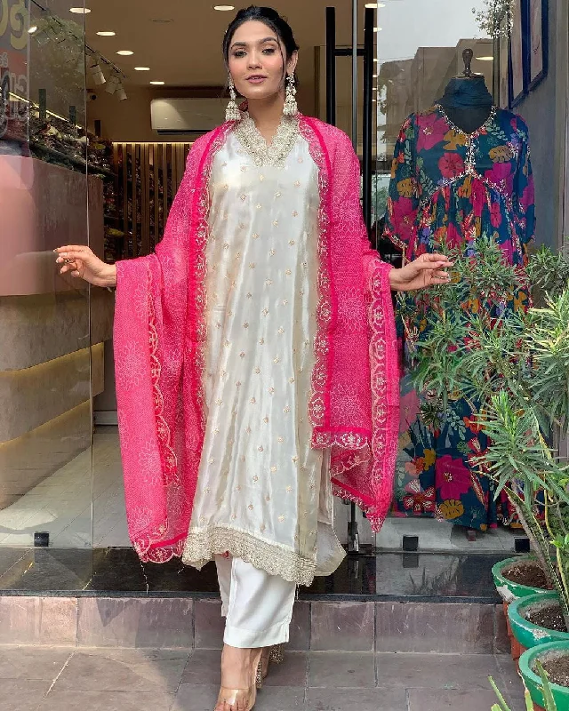 Designer Pure Viscose Jacquard Kurta With Pant And Heavy Dupatta Formal Slim Pants