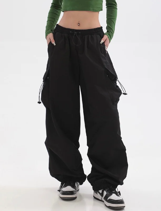 Neveah Solid Color Black Straight Leg High Waist Multi-Pocket Parachute Cargo Pants Elegant Silk Pants Neveah Solid Color Black Straight Leg High Waist Multi-Pocket Parachute Cargo Pants Elegant Silk Pants