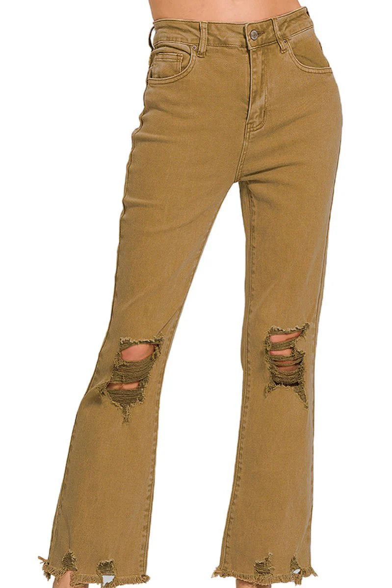 Zenana The Maci High Waist Distressed Straight Pants- Olive or Deep Camel Chic Black Leggings