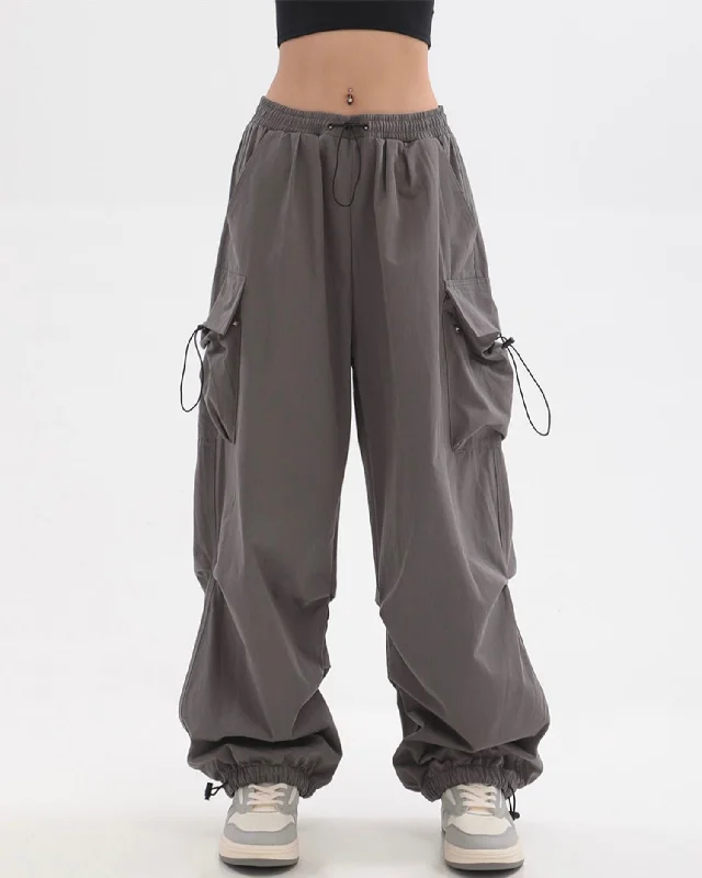 Sherlyn Solid Color Grey Straight Leg Multi-Pocket Cargo Parachute Pants Elegant High-Waist Pants Sherlyn Solid Color Grey Straight Leg Multi-Pocket Cargo Parachute Pants Elegant High-Waist Pants