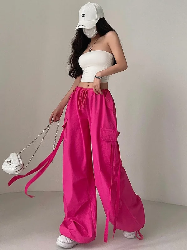 Loa Solid Color Hot Pink Multi-Pocket Tassel High Waist Straight Leg Cargo Parachute Pants Classic Stretch Pants Loa Solid Color Hot Pink Multi-Pocket Tassel High Waist Straight Leg Cargo Parachute Pants Classic Stretch Pants
