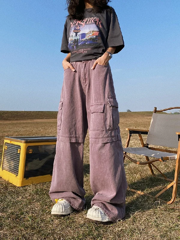 Maiko Vintage Solid Color Purple Denim Multi-Pocket High Waist Straight Leg Baggy Cargo Pants Formal Dress Pants