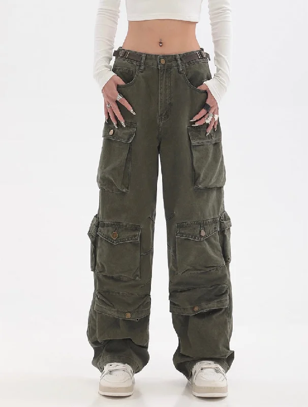 Streetwear Multi Pocket Lining Baggy Army Green Cargo Pants Relaxed High-Waist Trousers Streetwear Multi Pocket Lining Baggy Army Green Cargo Pants Relaxed High-Waist Trousers
