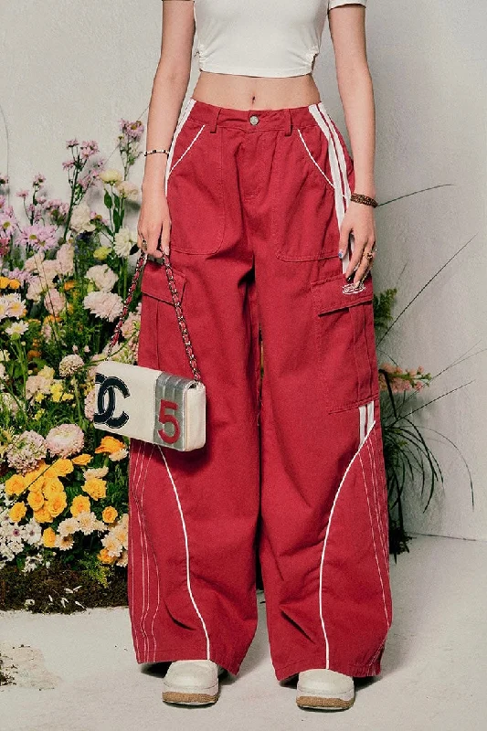Cherie Beer Solid Color Striped Contrast High Waist Straight Wide-leg Multi-pocket Cargo Pants Casual Sweatpants Style
