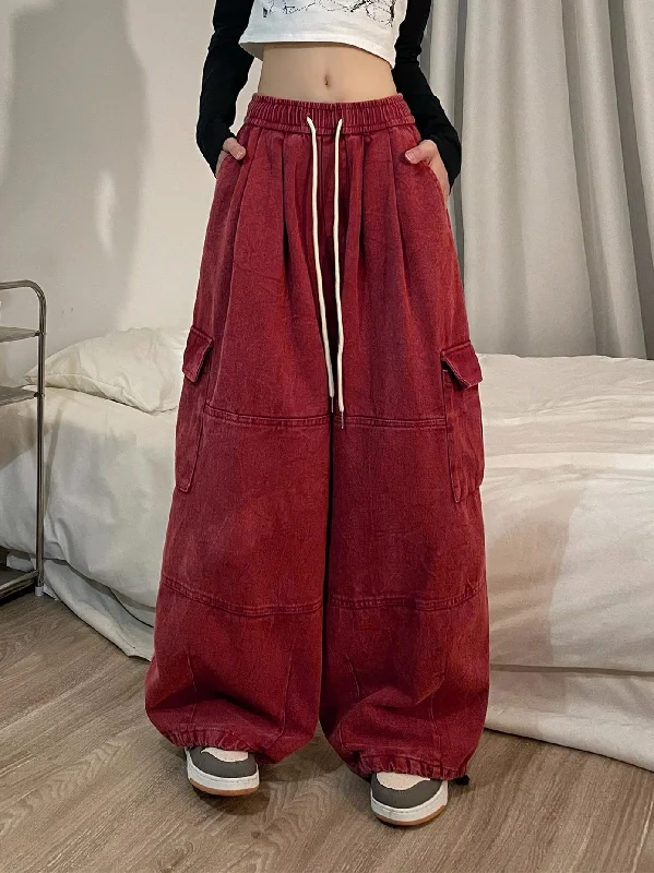 Vivienne Solid Color Retro Streetwear Straight Wide Leg Multi-Pocket High Waist Cargo Pants Trendy Wide-Leg Pants