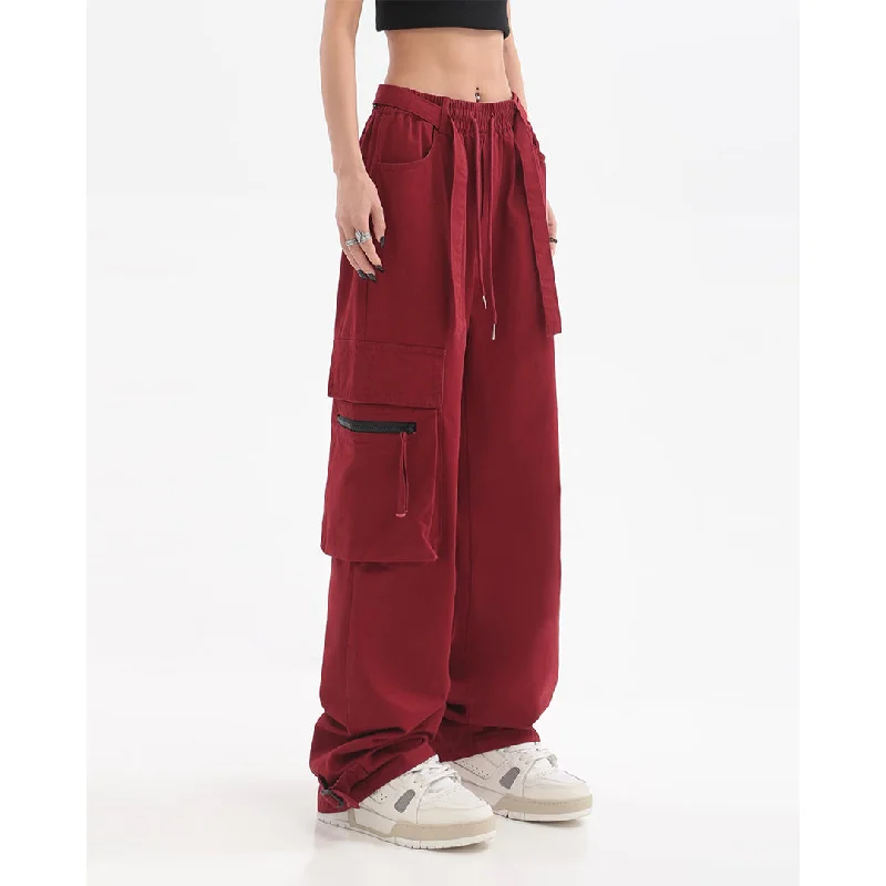 Giana Solid Color Red Multi-Pocket Straight Leg High Waist Cargo Pants Wide-Legged Palazzos