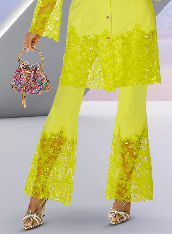 Love the Queen 17563p - Chartreuse - Soft Stretch Fabric with Embroidery Sequins on Mesh Fabric Pants with Pockets Elegant Palazzo Trousers Love the Queen 17563p - Chartreuse - Soft Stretch Fabric with Embroidery Sequins on Mesh Fabric Pants with Pockets Elegant Palazzo Trousers