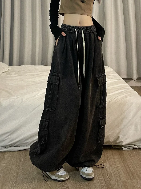 Dian Solid Color Retro Streetwear Straight Wide Leg Multi-Pocket High Waist Cargo Pants Chic Checkered Pants Dian Solid Color Retro Streetwear Straight Wide Leg Multi-Pocket High Waist Cargo Pants Chic Checkered Pants