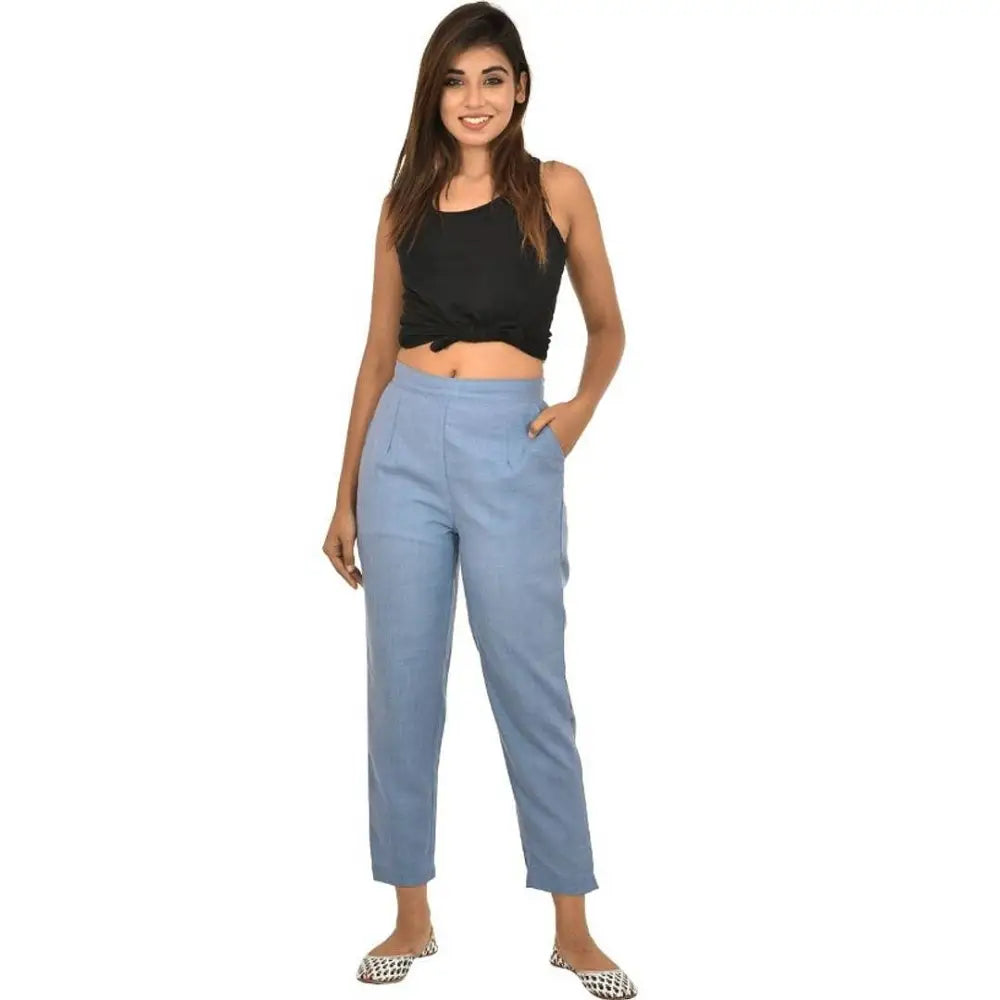 Regular Casual Women Cotton Slub Pant Fashionable Button-Up Pants