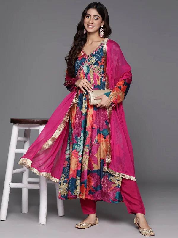 Women Floral Print Flared Kurta with Pants And Dupatta Chic Checkered Pants