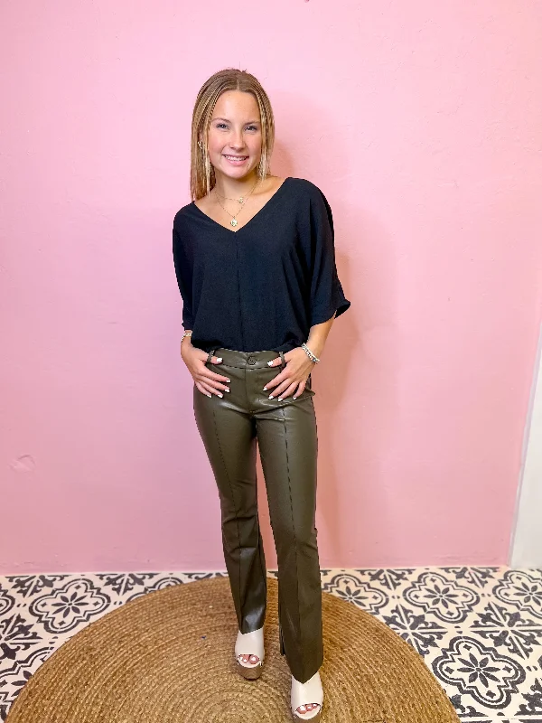 Moss PinTuck Faux Leather Flare Pants Trendy Printed Pants