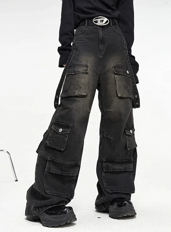 Jordan Denim Black Washed Faded High Waist Straight Leg Multi-Pocket Cargo Pants Formal Linen Trousers Jordan Denim Black Washed Faded High Waist Straight Leg Multi-Pocket Cargo Pants Formal Linen Trousers