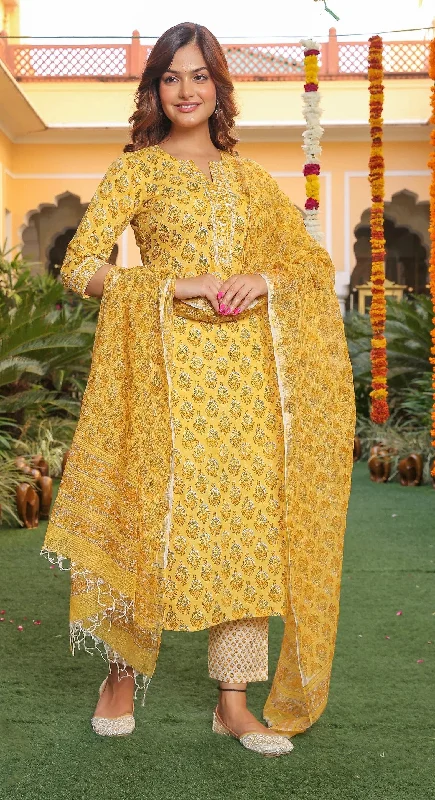 Yellow Printed Straight Kurta and Pant Set with Dupatta Comfortable Denim Leggings