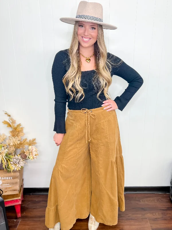 Cuddle Cord Flare Pants-Camel Casual Plaid Pants