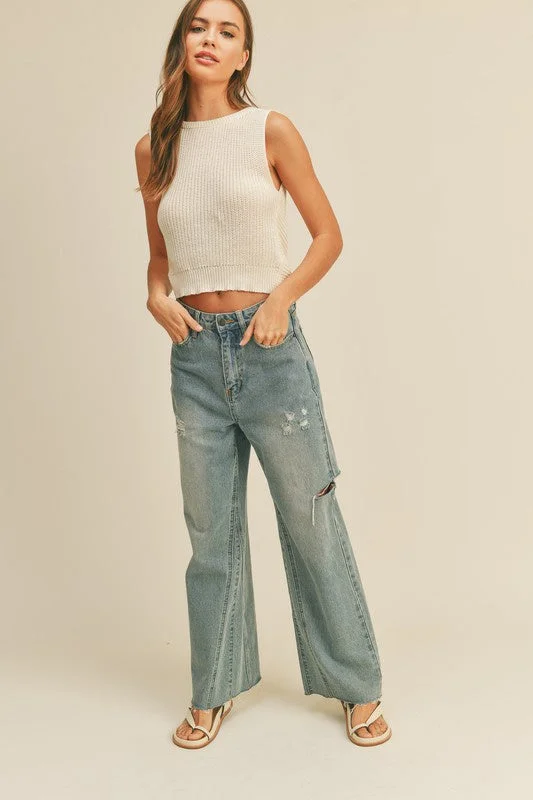 Cut Out Wide Leg Denim Pants Relaxed Casual Leggings