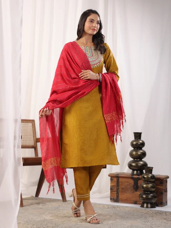 Solid Straight Round Neck Silk Kurta Pant Set With Dupatta Wide-Legged Palazzos