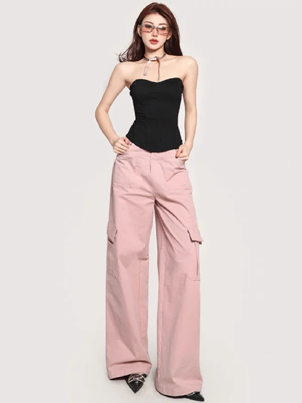 Viola Solid Color Pink High Waist Multi-Pocket Straight Leg Cargo Pants Classic Pleated Pants Viola Solid Color Pink High Waist Multi-Pocket Straight Leg Cargo Pants Classic Pleated Pants