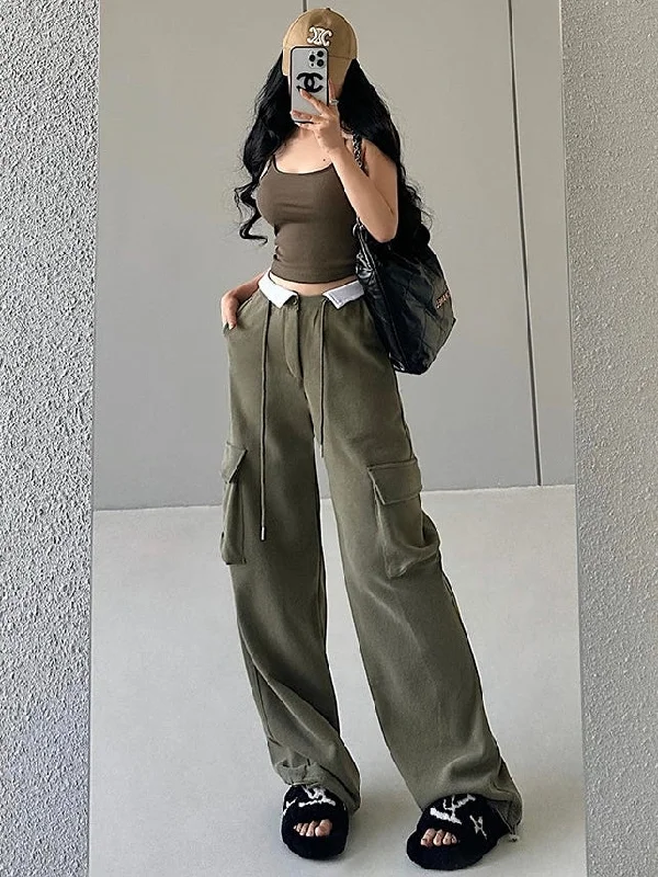 Alisia Solid Color Waist Fold Lapel Multi-Pocket Straight Leg Baggy Sweats Pants Stylish Casual Pants Alisia Solid Color Waist Fold Lapel Multi-Pocket Straight Leg Baggy Sweats Pants Stylish Casual Pants