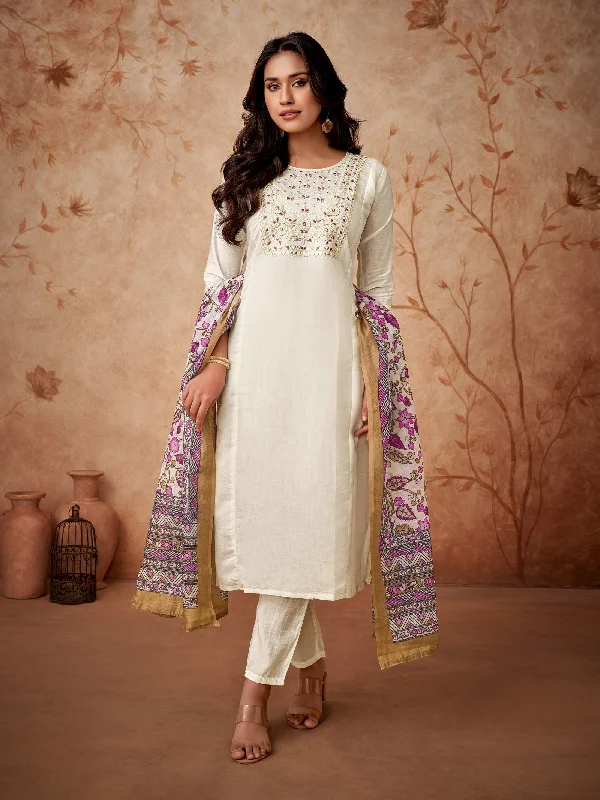 Women Embroidered Straight Kurta with Pants & Dupatta in White Color Relaxed Fit Trousers Women Embroidered Straight Kurta with Pants & Dupatta in White Color Relaxed Fit Trousers
