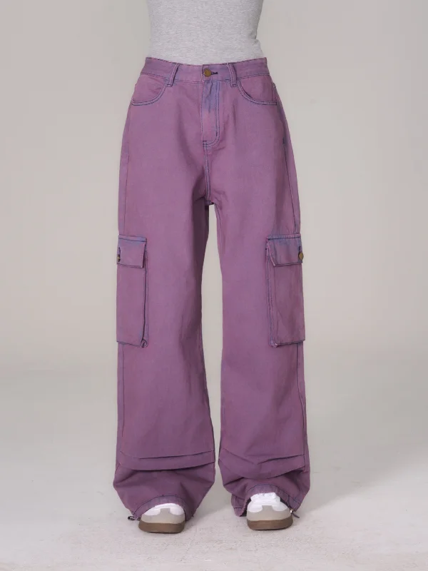 Dalia Solid Color Purple High Waist Cargo Straight Leg Baggy Loose Pants Chic Capri Pants
