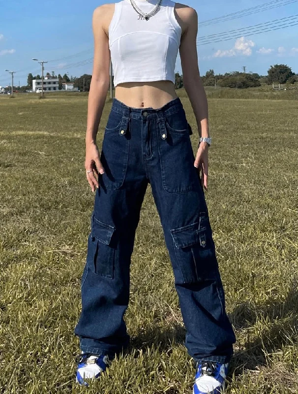 Chris Blue Cargo Multi Pocket Baggy Pants Trendy Wide-Leg Pants