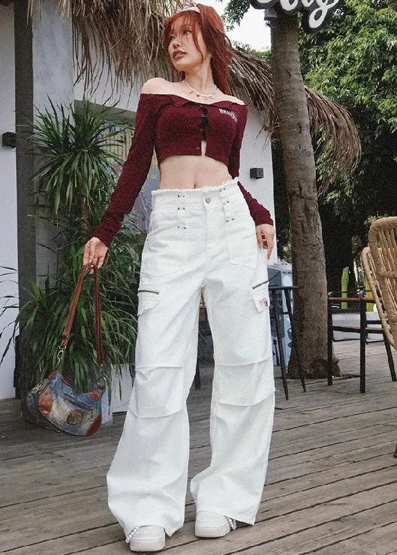 BeerBro American Street Pleated Slacks High Waist Raw Edge Straight Leg Cargo Pants Cozy Maternity Pants