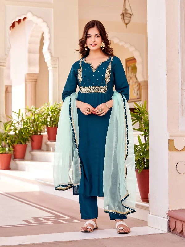 Women's Beautiful Petrol Colour Kurta With Pant And  Dupatta Cozy Full-Length Pants