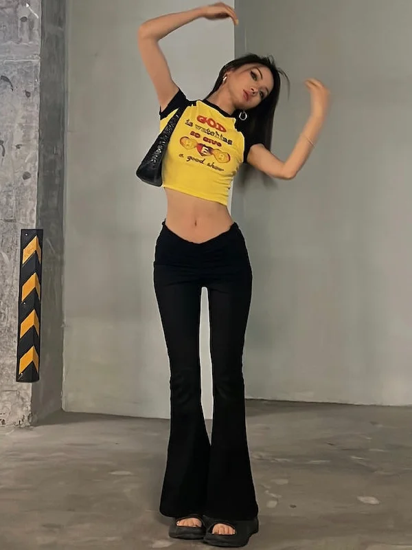 Lindi Solid Color High V-Waist Slim Micro Flare Pants Classic Straight-Leg Pants