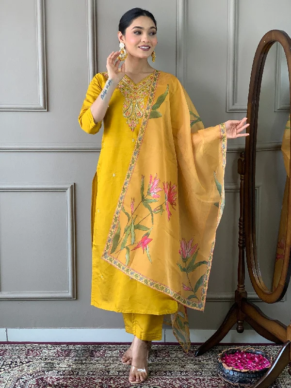Mustard Classic Embroidery Design Kurta With Pant and Dupatta Chic Black Leggings