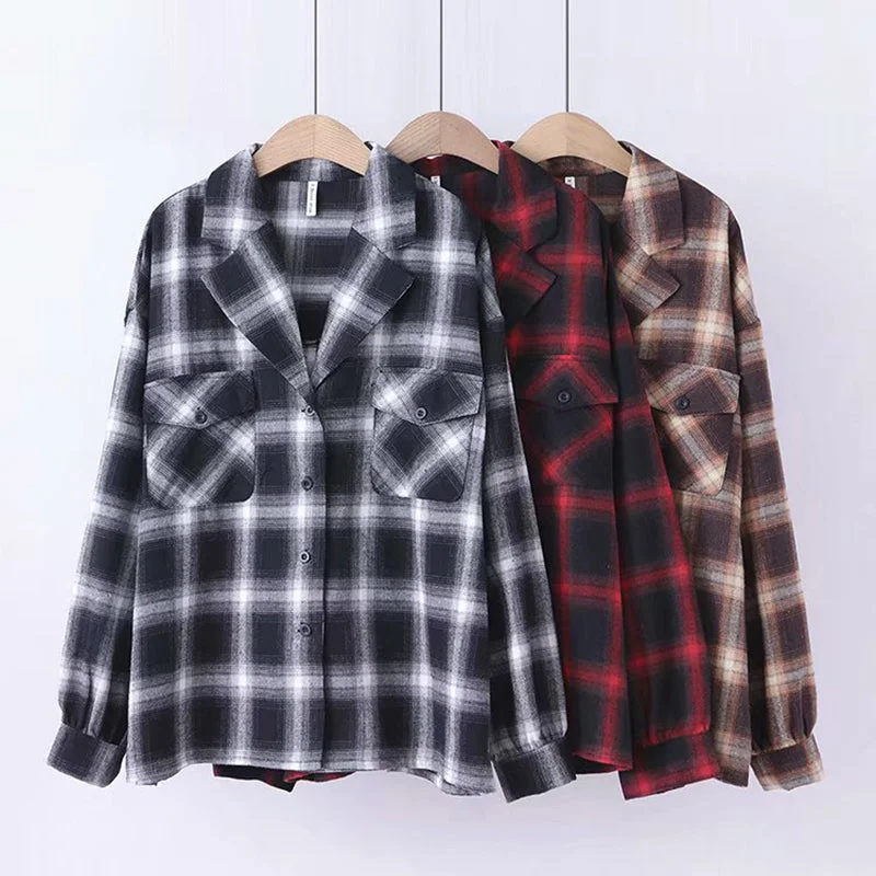 Casual Long Sleeve Plaid Blouse Women