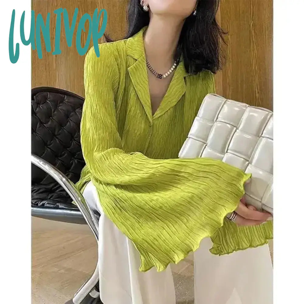 Lunivop Elegant Folds Shirts Women Vintage Flare Long Sleeve Pleated Blouses Office Ladies Korean Black Designer Casual Tops New