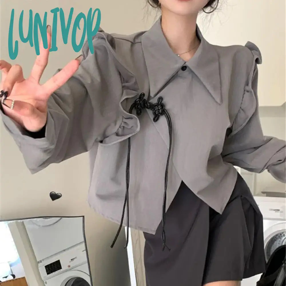 Lunivop Y2K Irregular Crop Blouses Women Harajuku Ruffles Asymmetrical Shirts Korean Preppy Streetwear Long Sleeve Lace Up Tops