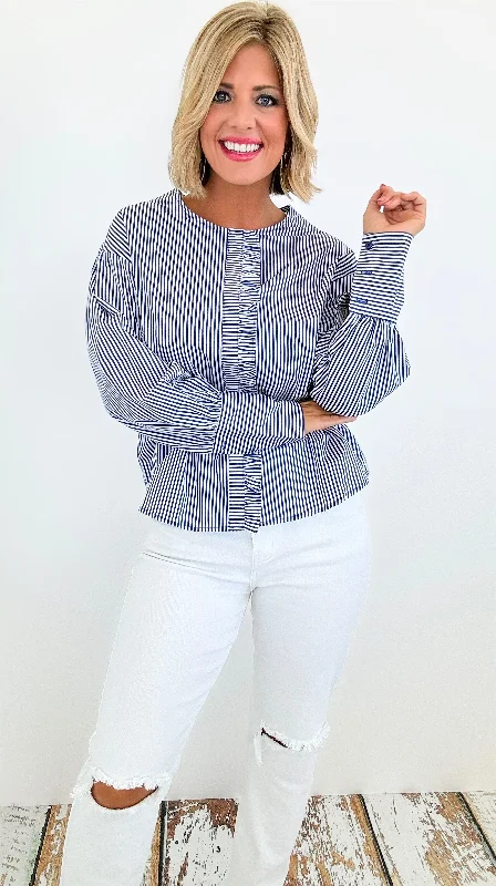 Parisian Stripe Ruffle Blouse - Blue