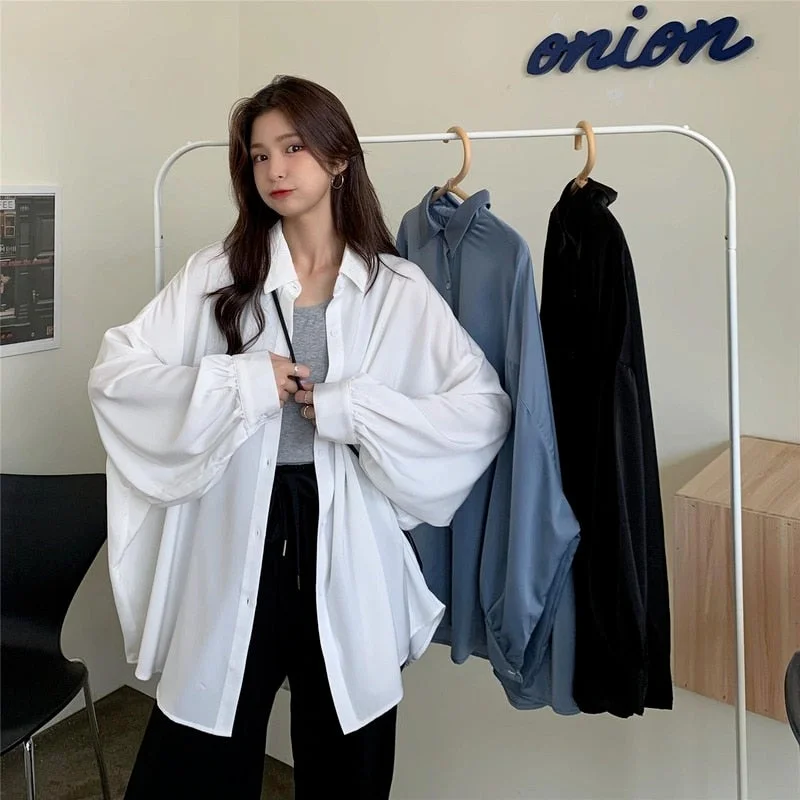 Spring Summer Women Shirt Oversize Elegant Blouses for Women Lantern Sleeve White Shirt Mid-length Shir Coat Women Tunic