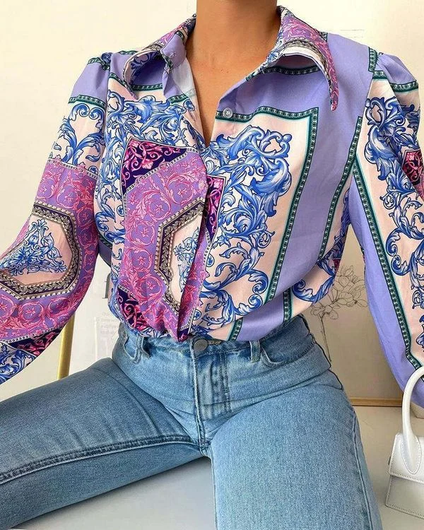 European style Summer Blue printed Blouse