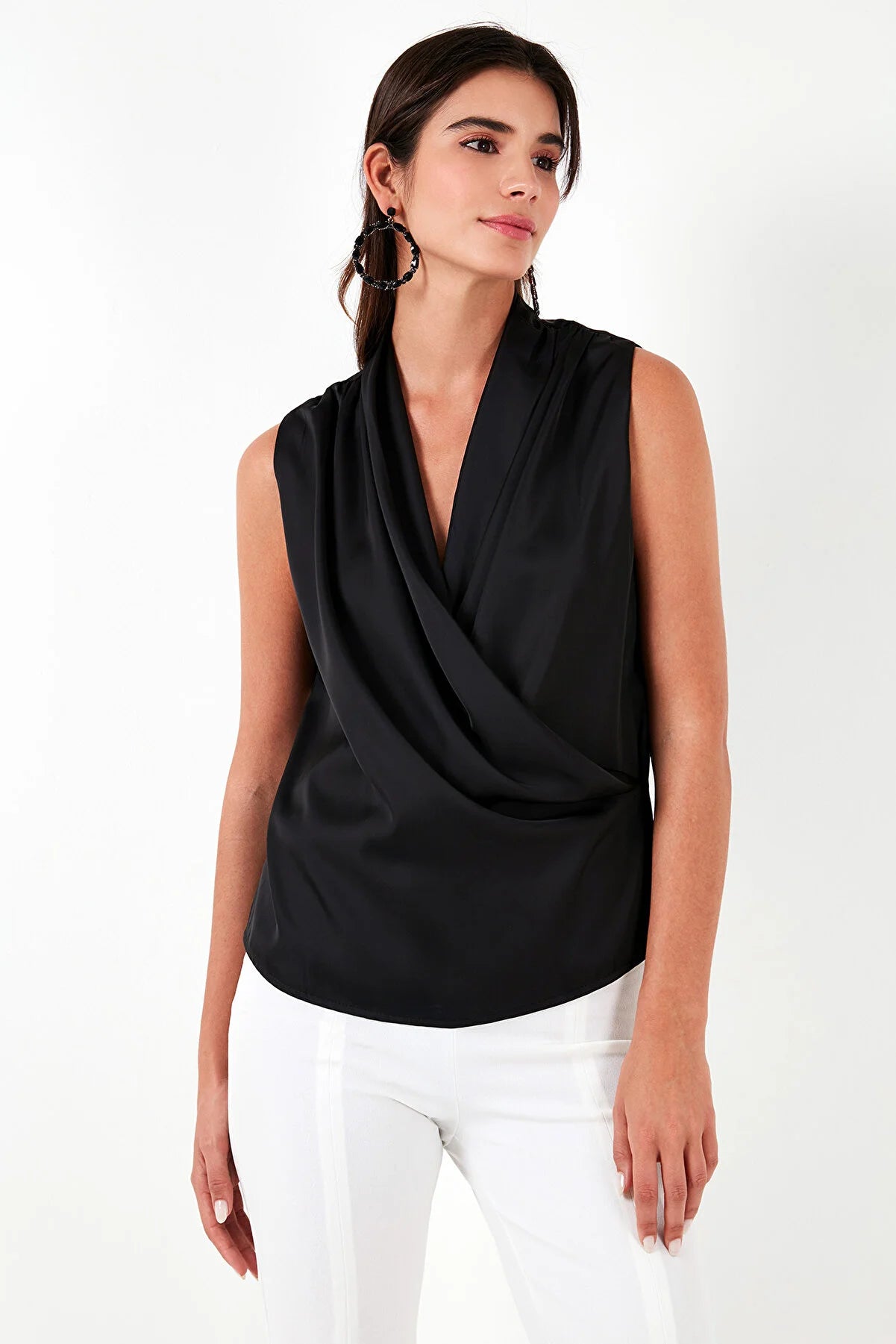 Lela Double Breasted Collar Sleeveless Satin Blouse